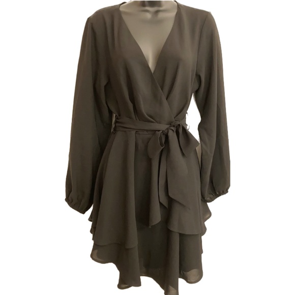 NEW Formal Black Bow Faux Wrap Long Sleeve Sexy Fit Flare Spring Cocktail Dress - Picture 3 of 17